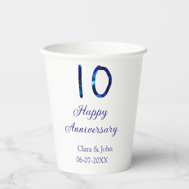Vasos De Papel Feliz décimo aniversario purpurina azul añadir fec (Anverso)