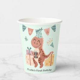 Vasos De Papel Feliz Dinosaurio T-rex con regalo de cumpleaños y