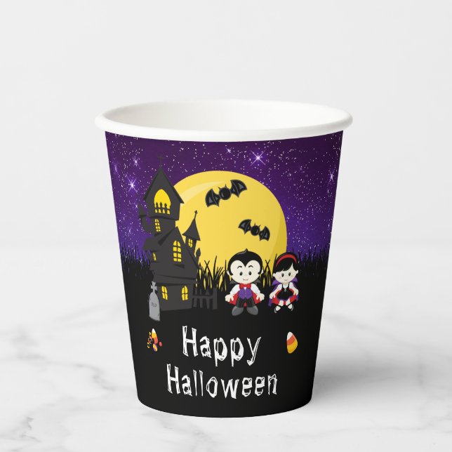 Vasos De Papel Feliz Fiesta de Halloween Vampiros morado (Anverso)