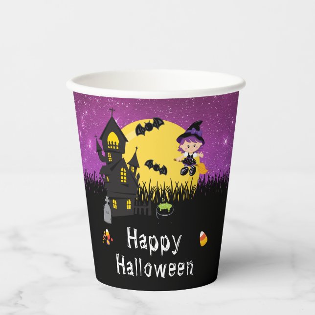 Vasos De Papel Feliz Fiesta de Halloween Witch Purple (Anverso)