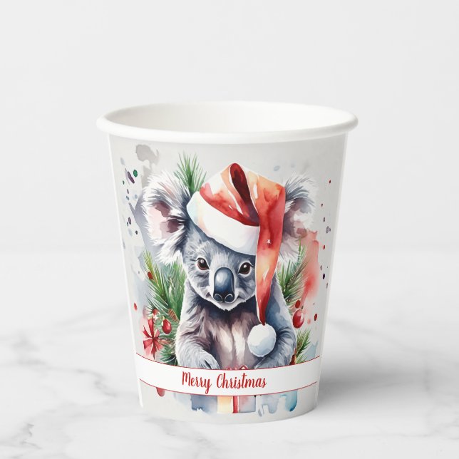 Vasos De Papel Feliz Gorra de Navidad Festividad Koala - (Anverso)