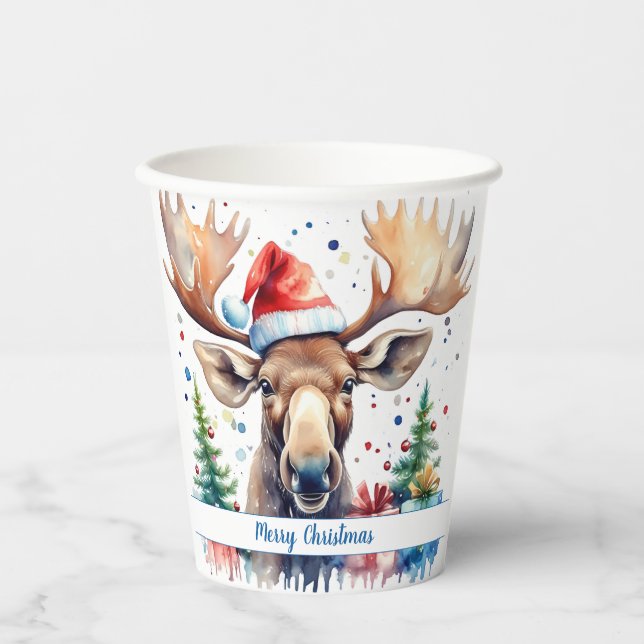 Vasos De Papel Feliz Gorra navideño Moose festivo - (Anverso)