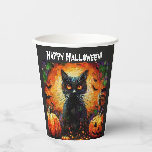 Vasos De Papel Feliz Halloween Black Cat Bats Pumpkins (Anverso)