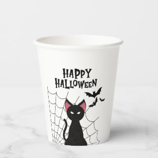 Vasos De Papel Feliz Halloween Gato Negro Telaraña y Murciélagos