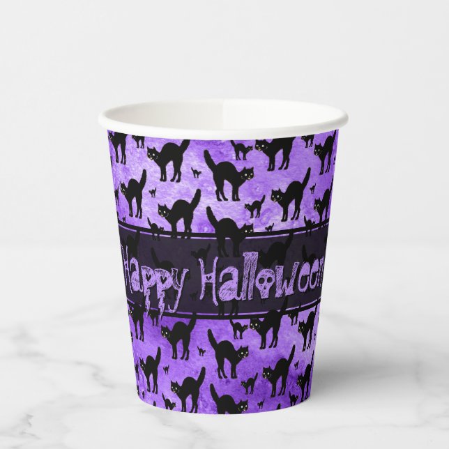 Vasos De Papel Feliz Halloween Icónica Black Cat Silhouette Purpl (Izquierda)