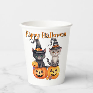 Vasos De Papel Feliz Halloween KITTENS & PUMPKINS en blanco