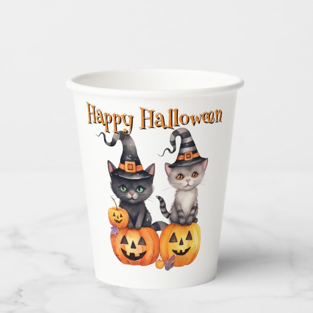 Vasos De Papel Feliz Halloween | KITTENS & PUMPKINS en blanco (Anverso)