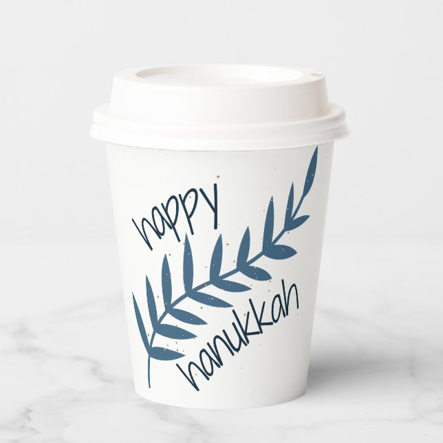 Vasos De Papel Feliz Hanukkah (con hojas azules) (Anverso)