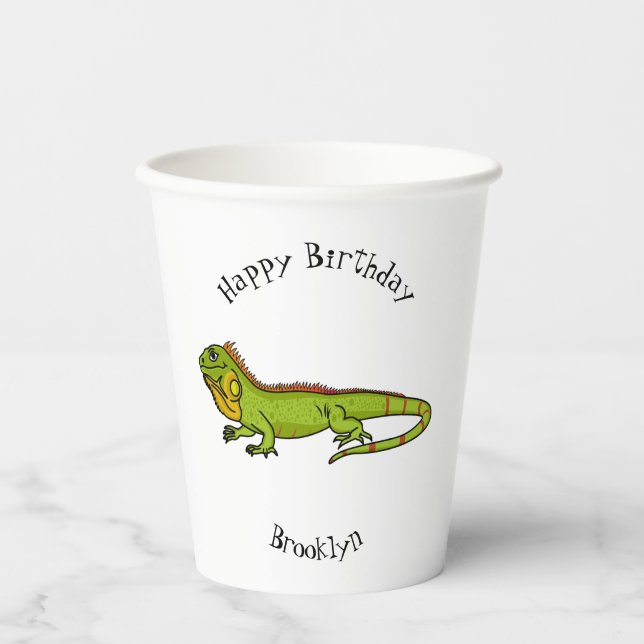 Vasos De Papel Feliz ilustracion personalizado de iguana verde (Anverso)