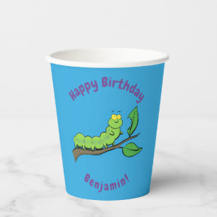 Vasos De Papel Feliz ilustracion personalizado de oruga verde