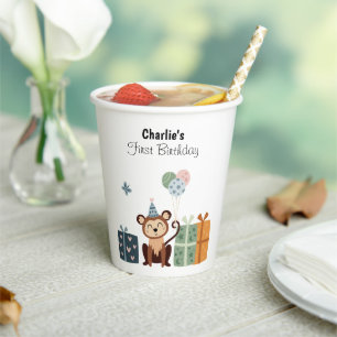 Vasos De Papel Feliz Mono con globos y regalos, cumpleaños