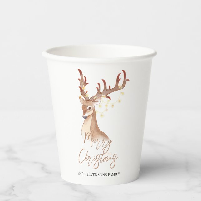 Vasos De Papel Feliz Navidad acuarela marrón venado elegante Moda (Anverso)