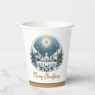 Vasos De Papel Feliz Navidad azul y oro