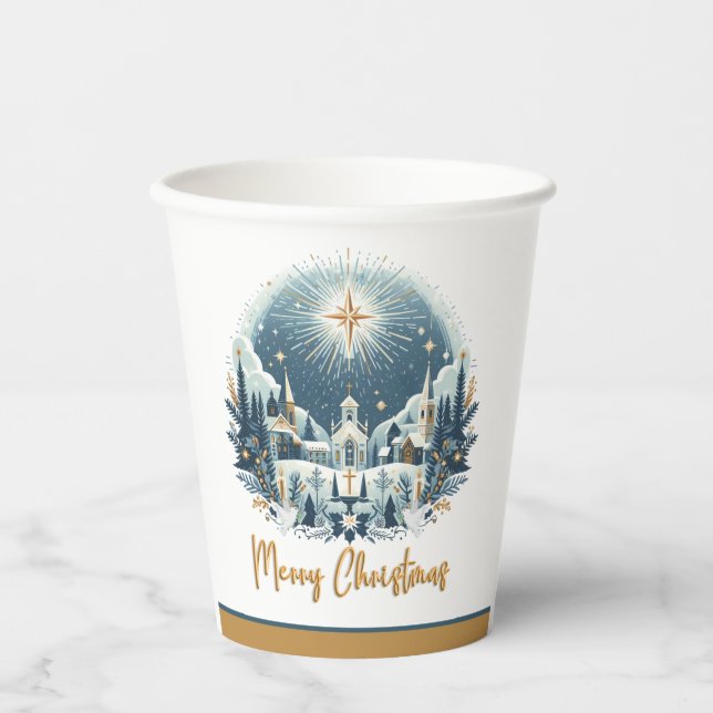 Vasos De Papel Feliz Navidad azul y oro (Anverso)
