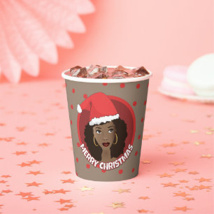 Vasos De Papel Feliz Navidad, Black Woman Santa Hat