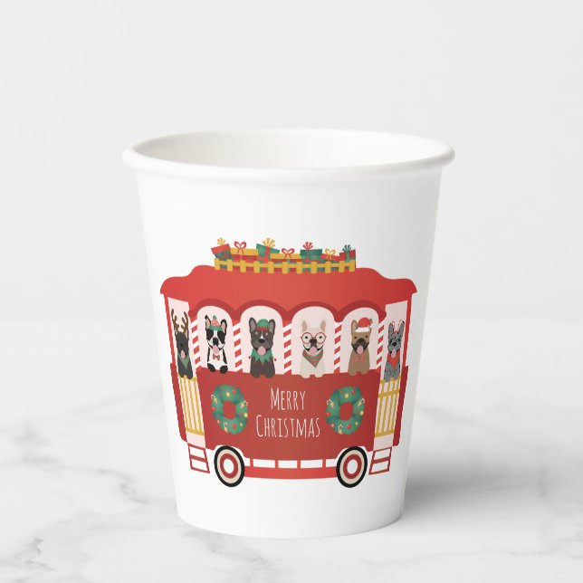 Vasos De Papel Feliz Navidad Bulldoges franceses Holiday Trolly (Anverso)