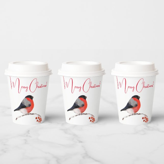 Vasos De Papel Feliz Navidad, Bullfinch en invierno (Multi)