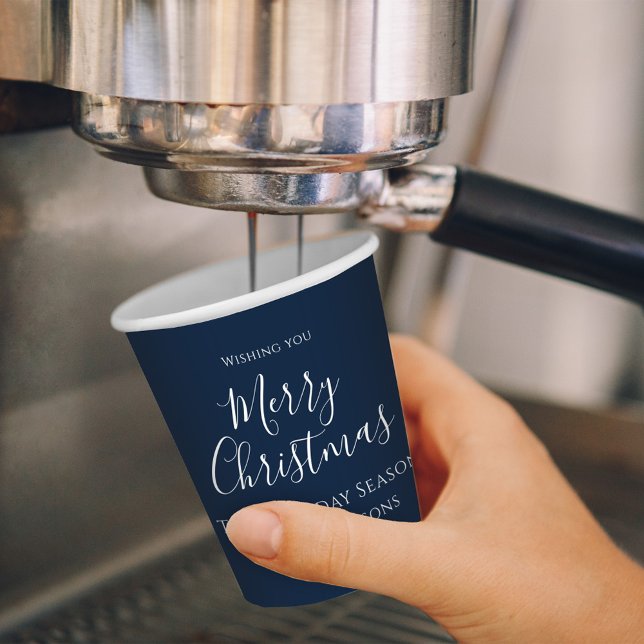 Vasos De Papel Feliz Navidad caligrafía caligrafía simple marina  (Merry Christmas white calligraphy script simple navy blue paper cup. )