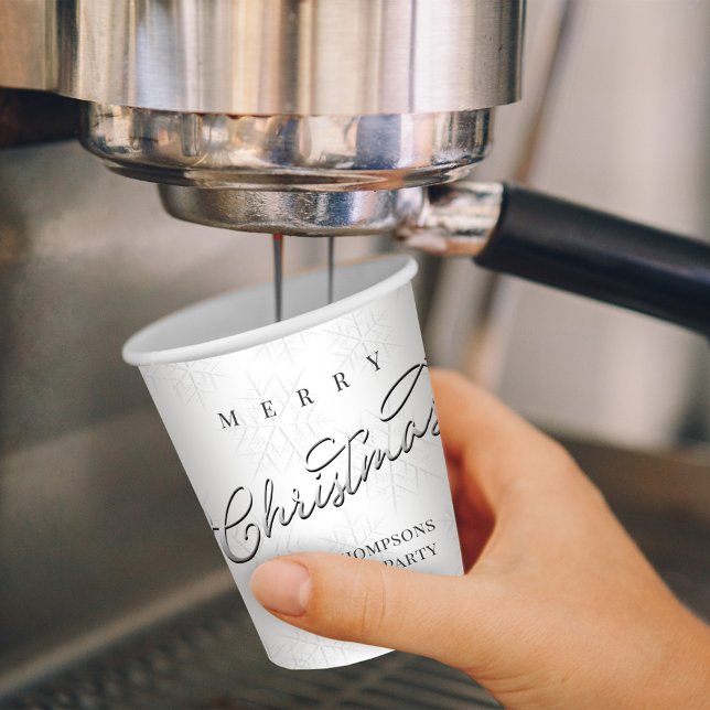 Vasos De Papel Feliz Navidad Caligrafía de plata cuchara copo de  (Merry Christmas silver snowflakes calligraphy paper cup. )