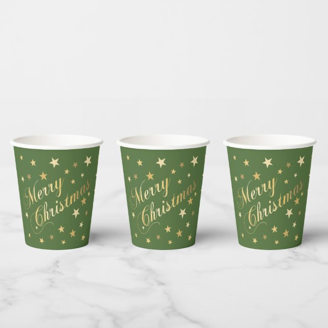 Vasos De Papel Feliz Navidad Elegante Script Gold Stars Green (Multi)