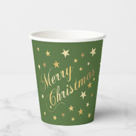 Vasos De Papel Feliz Navidad Elegante Script Gold Stars Green