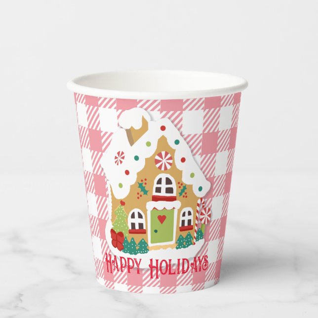 Vasos De Papel Feliz Navidad Gingerbread House Pink Gingham (Anverso)