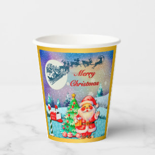 Vasos De Papel Feliz Navidad Papá Noel, Trineo, Reno, Copo de Nie