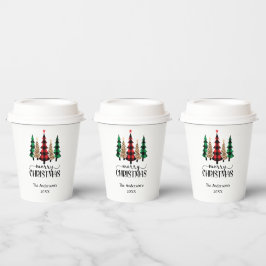 Vasos De Papel Feliz Navidad Rojo Verde Negro Cuadro Búfalo Árbol