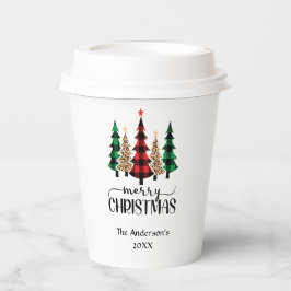 Vasos De Papel Feliz Navidad Rojo Verde Negro Cuadro Búfalo Árbol