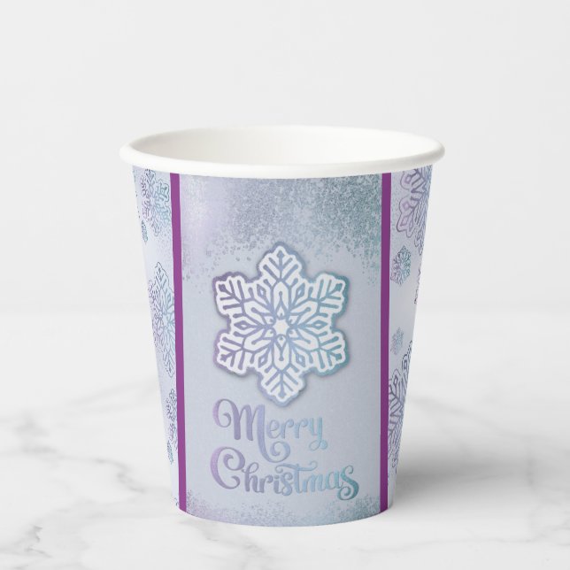 Vasos De Papel Feliz Navidad y copos de nieve Púrpura Azul irland (Anverso)