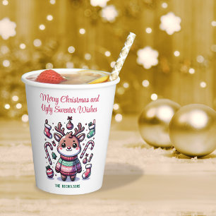 Vasos De Papel Feliz Navidad y Deseos de Suéter Feo Reno