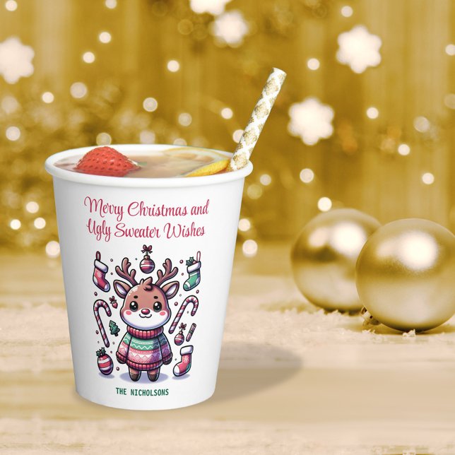 Vasos De Papel Feliz Navidad y Deseos de Suéter Feo Reno (Subido por el creador)
