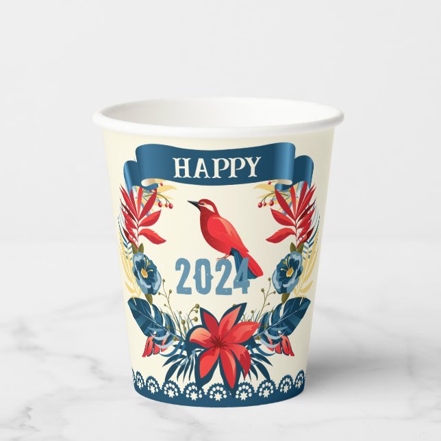 Vasos De Papel ¡Feliz Navidad y Feliz Año Nuevo! Pájaro Rojo 2024 (Anverso)