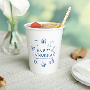 Vasos De Papel Feliz nombre de familia de Hanukkah azul personali