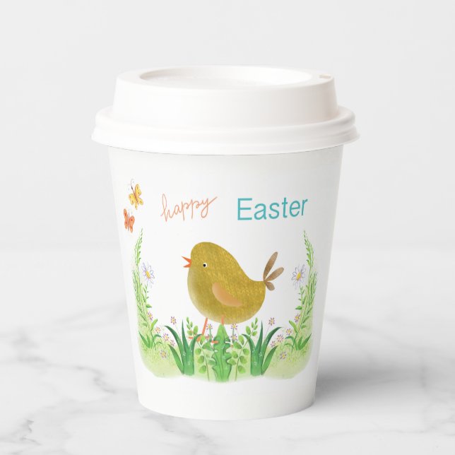 Vasos De Papel Feliz Pascua, pollo y flores (Anverso)