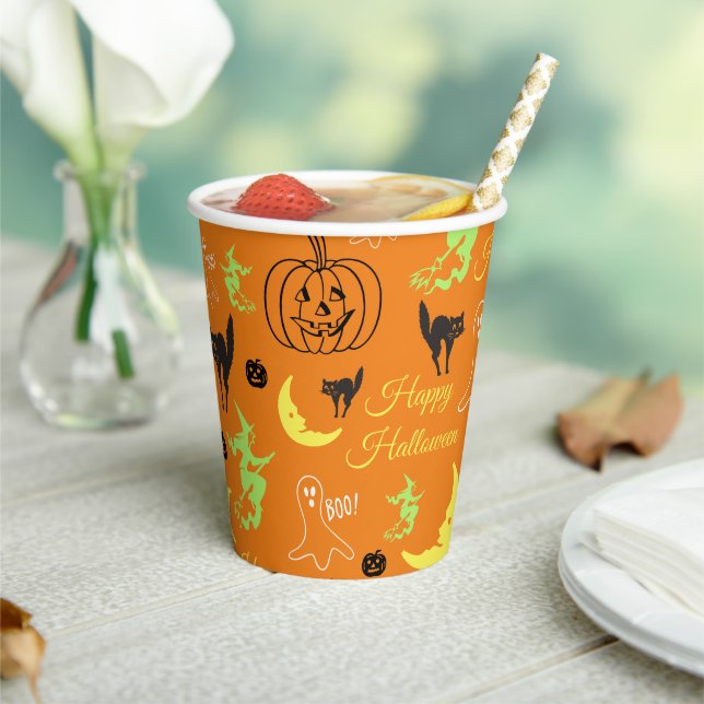 Vasos De Papel Feliz patrón de Halloween naranja (in situ)