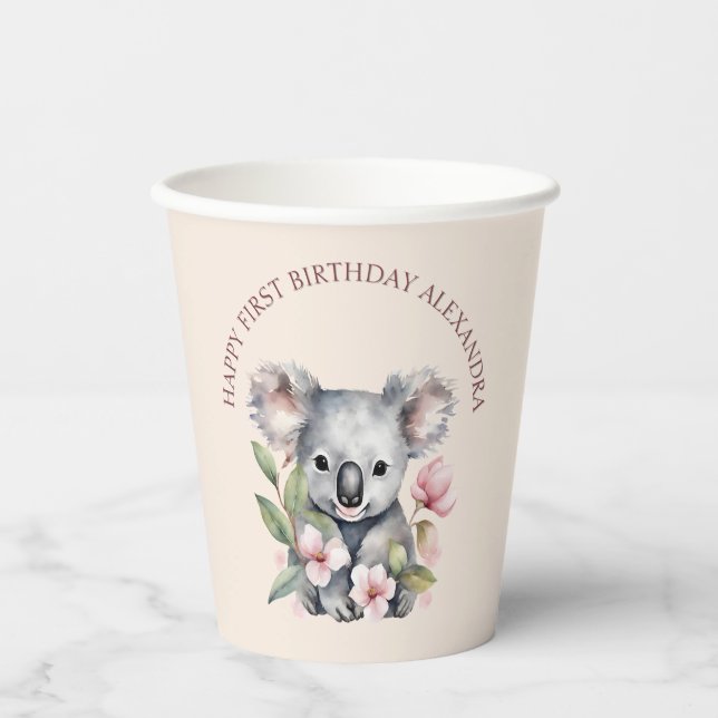 Vasos De Papel Feliz primer cumpleaños a la acuarela Koala (Anverso)