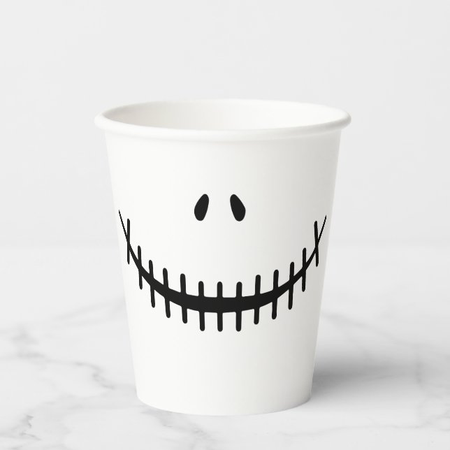 Vasos De Papel Feliz Skeleton sonríe Halloween blanco y negro (Anverso)