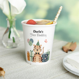 Vasos De Papel Feliz Tigre con gorra fiesta y regalos, cumpleaños