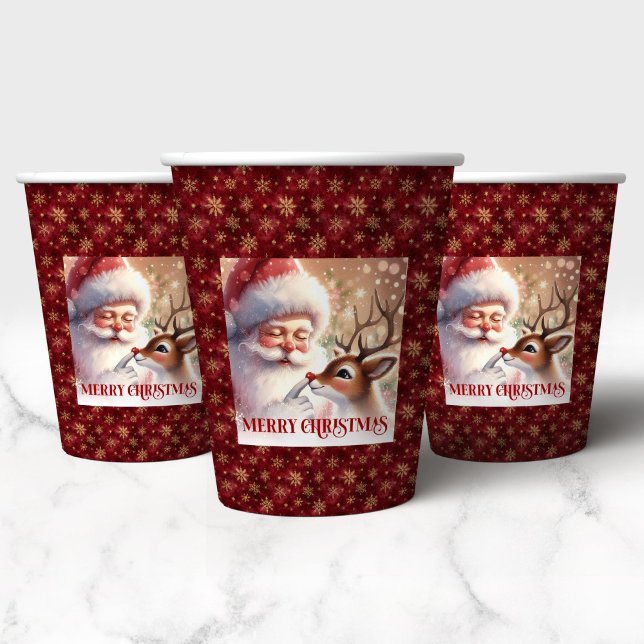 Vasos De Papel Festive Holiday Cups with Santa Claus and Rudolph  (Festive Holiday Cups with Santa Claus and Rudolph Art)