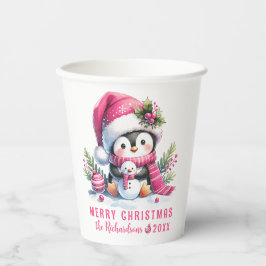 Vasos De Papel Festividad Cute Pingüino Rosa Feliz Navidad