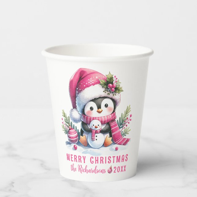 Vasos De Papel Festividad Cute Pingüino Rosa Feliz Navidad (Anverso)
