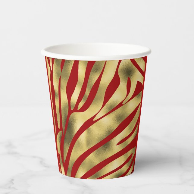 Vasos De Papel Festividad de cebra roja y dorada (Anverso)