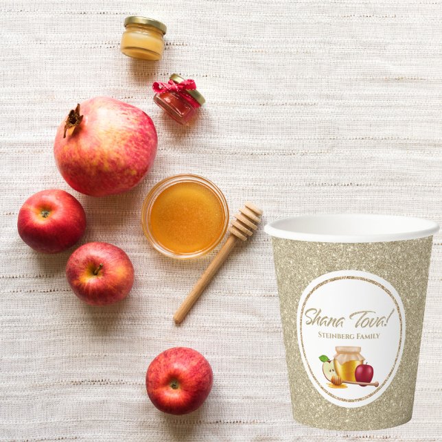 Vasos De Papel Festividad judía blanca y dorada Rosh Hashanah (Subido por el creador)