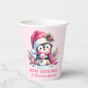Vasos De Papel Festividad Rosa Cute Pingüino Feliz Navidad
