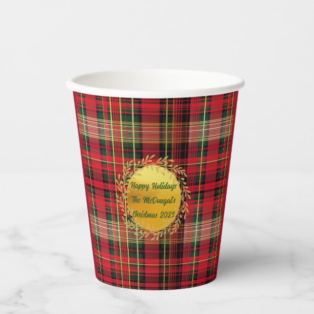 Vasos De Papel Festividades Navidades Tartán Plaid Foto de la fam (Anverso)