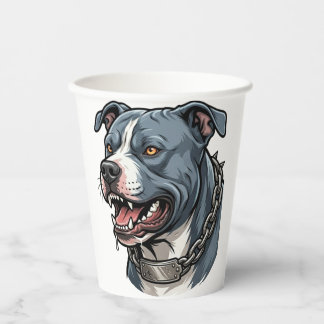 Vasos De Papel Fiero Pit Bull Gris Azul con Collar de Cadena con 