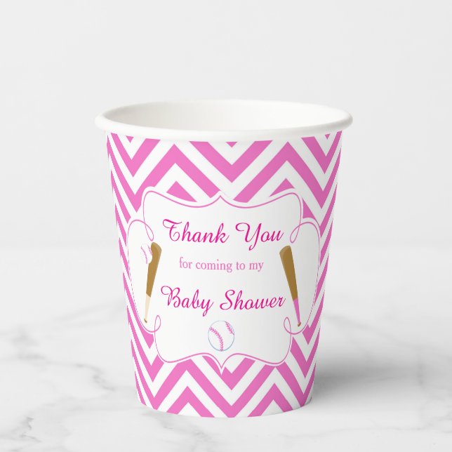 Vasos De Papel Fiesta Baby Shower de béisbol rosa y blanco (Anverso)