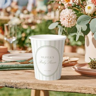 Vasos De Papel Fiesta de Baby Shower a Rayas Verde Salvia