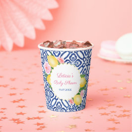Vasos De Papel Fiesta de Baby Shower Capri Lemons Blue & White Ti
